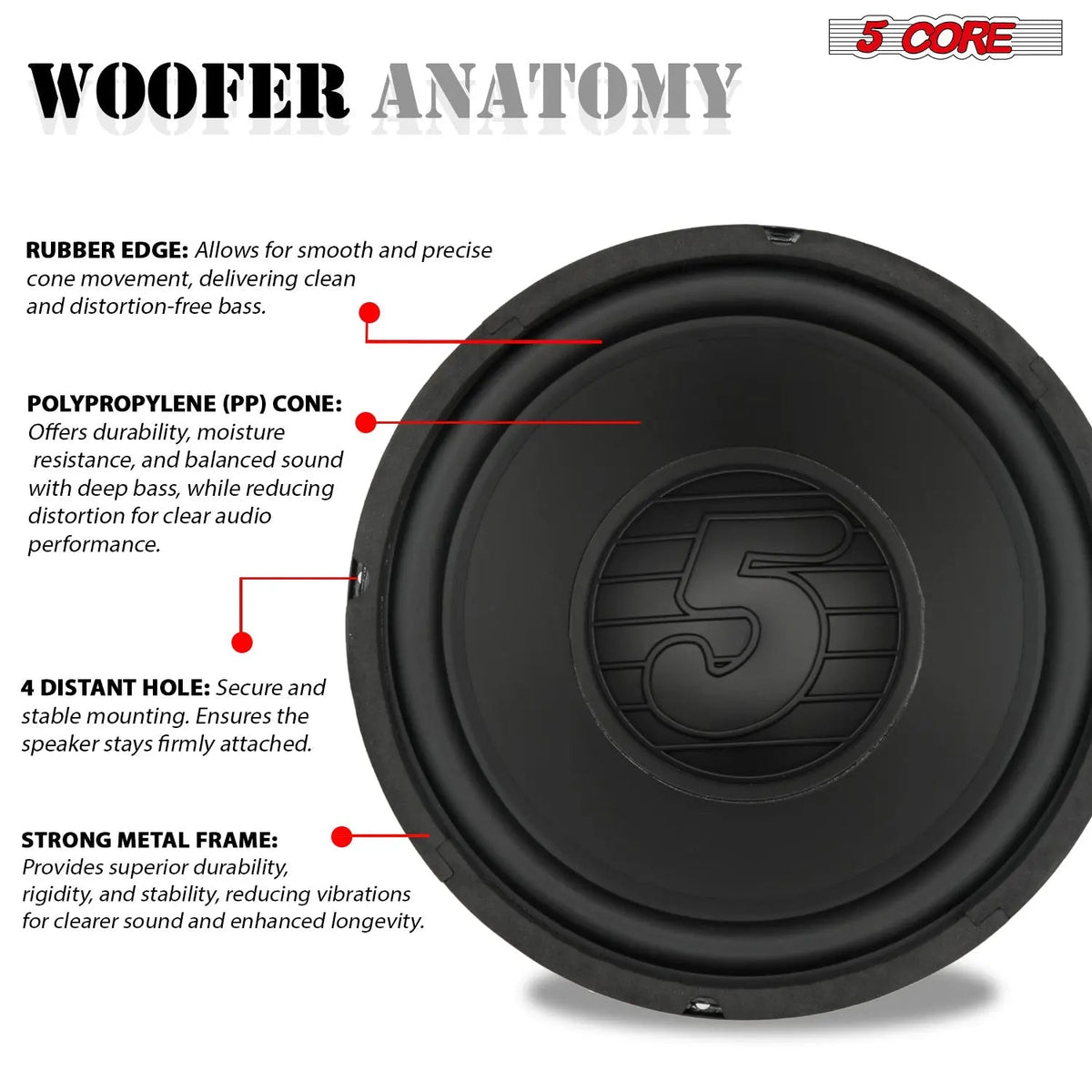 5 Core 10" Subwoofer Pair 1500W Car Woofer 4 Ohm Replacement Deep Bass Sub Loud Speaker for Vehicle - HONORABLE VETERANS SOLUTIONS