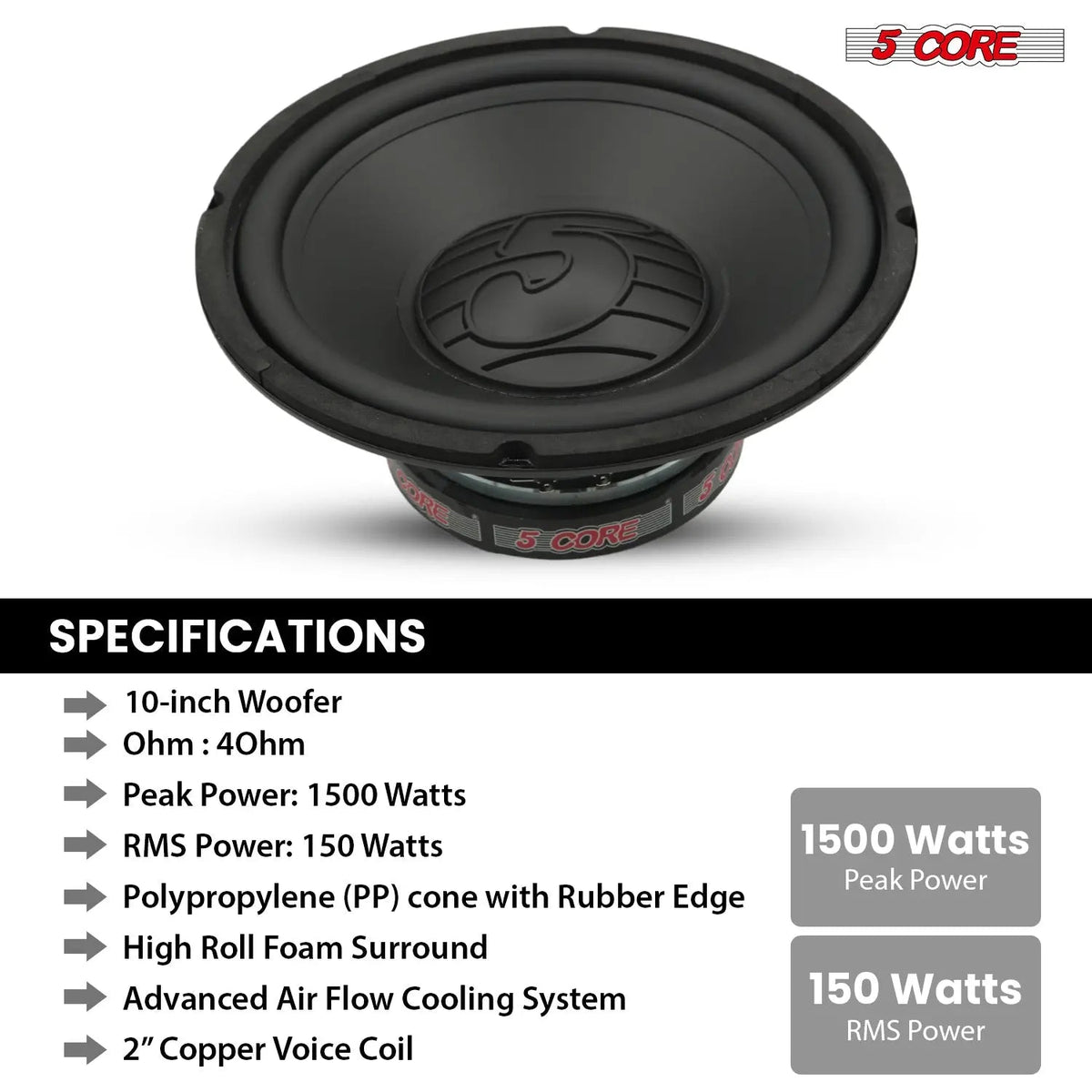5 Core 10" Subwoofer Pair 1500W Car Woofer 4 Ohm Replacement Deep Bass Sub Loud Speaker for Vehicle - HONORABLE VETERANS SOLUTIONS