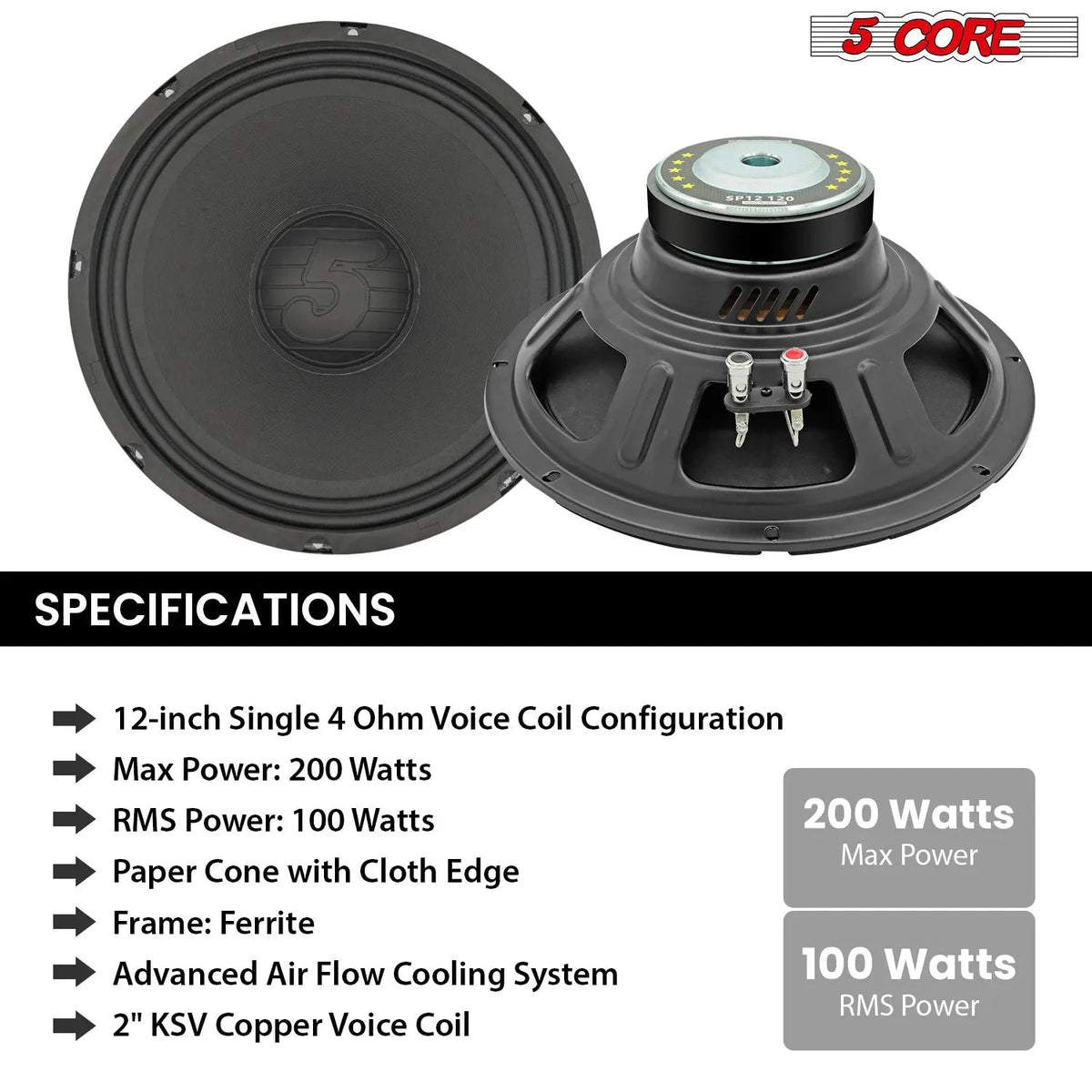 5 Core 12 Inch Speaker Car Audio 200W Powerful Replacement Component Driver 4Ohm Loudspeaker System - HONORABLE VETERANS SOLUTIONS
