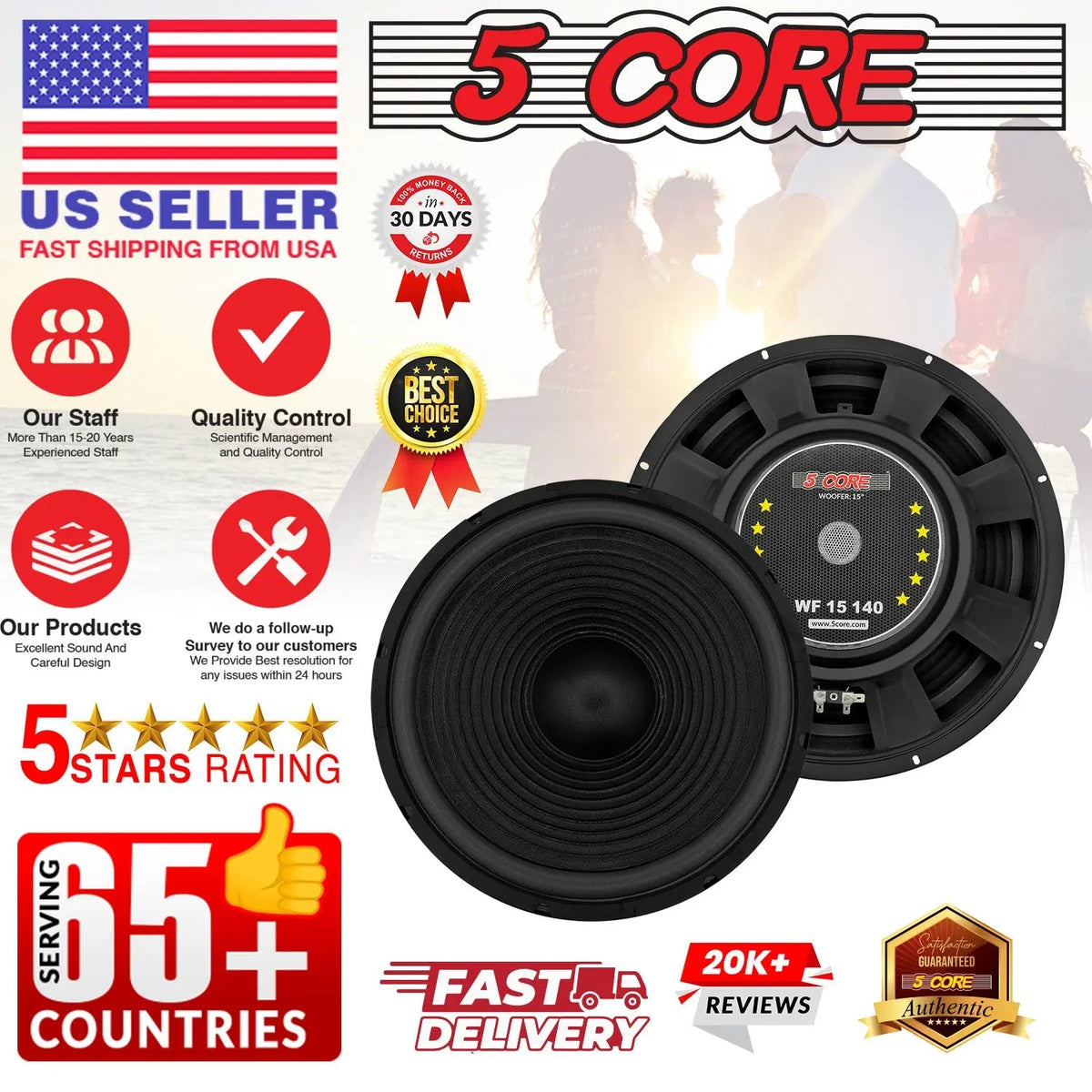 5 Core 15 Inch Car Woofer Audio 450W 4Ohm Deep Bass Replacement Subwoofer Component Loud Speaker - HONORABLE VETERANS SOLUTIONS