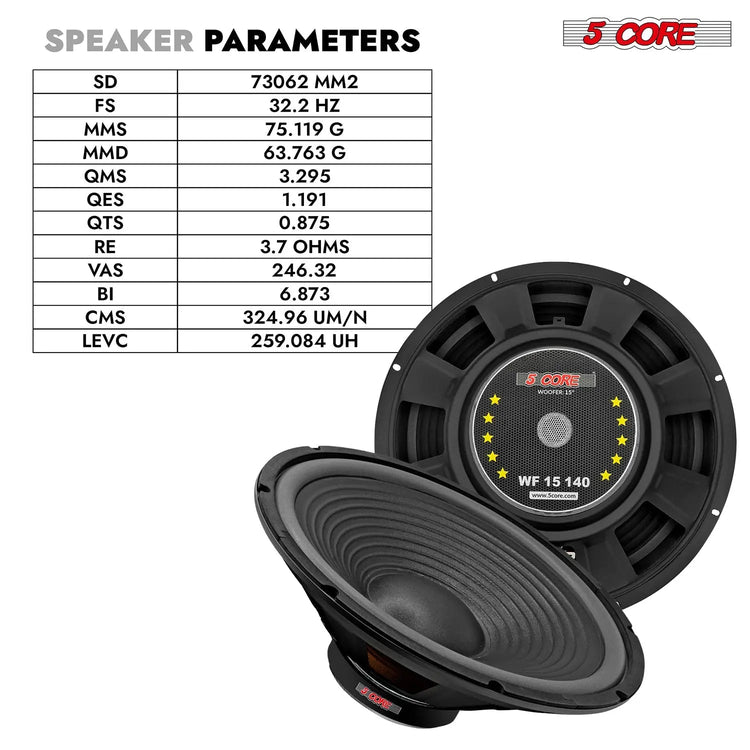 5 Core 15 Inch Car Woofer Audio Pair 1000W Combined 4Ohm Deep Bass Replacement Subwoofer Speaker - HONORABLE VETERANS SOLUTIONS