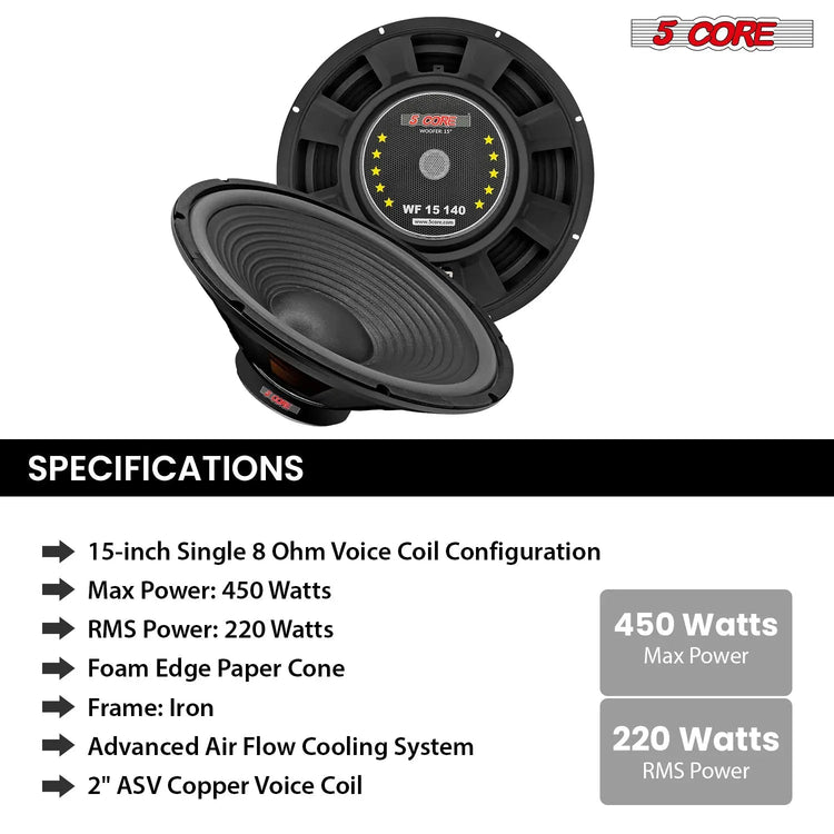 5 Core 15 Inch Car Woofer Audio Pair 1000W Combined 4Ohm Deep Bass Replacement Subwoofer Speaker - HONORABLE VETERANS SOLUTIONS