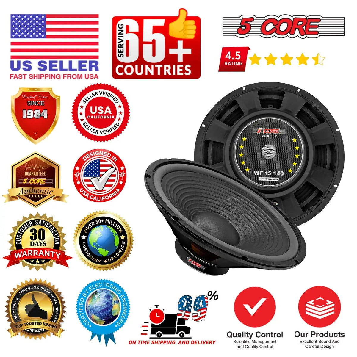 5 Core 15 Inch Car Woofer Audio Pair 1000W Combined 4Ohm Deep Bass Replacement Subwoofer Speaker - HONORABLE VETERANS SOLUTIONS