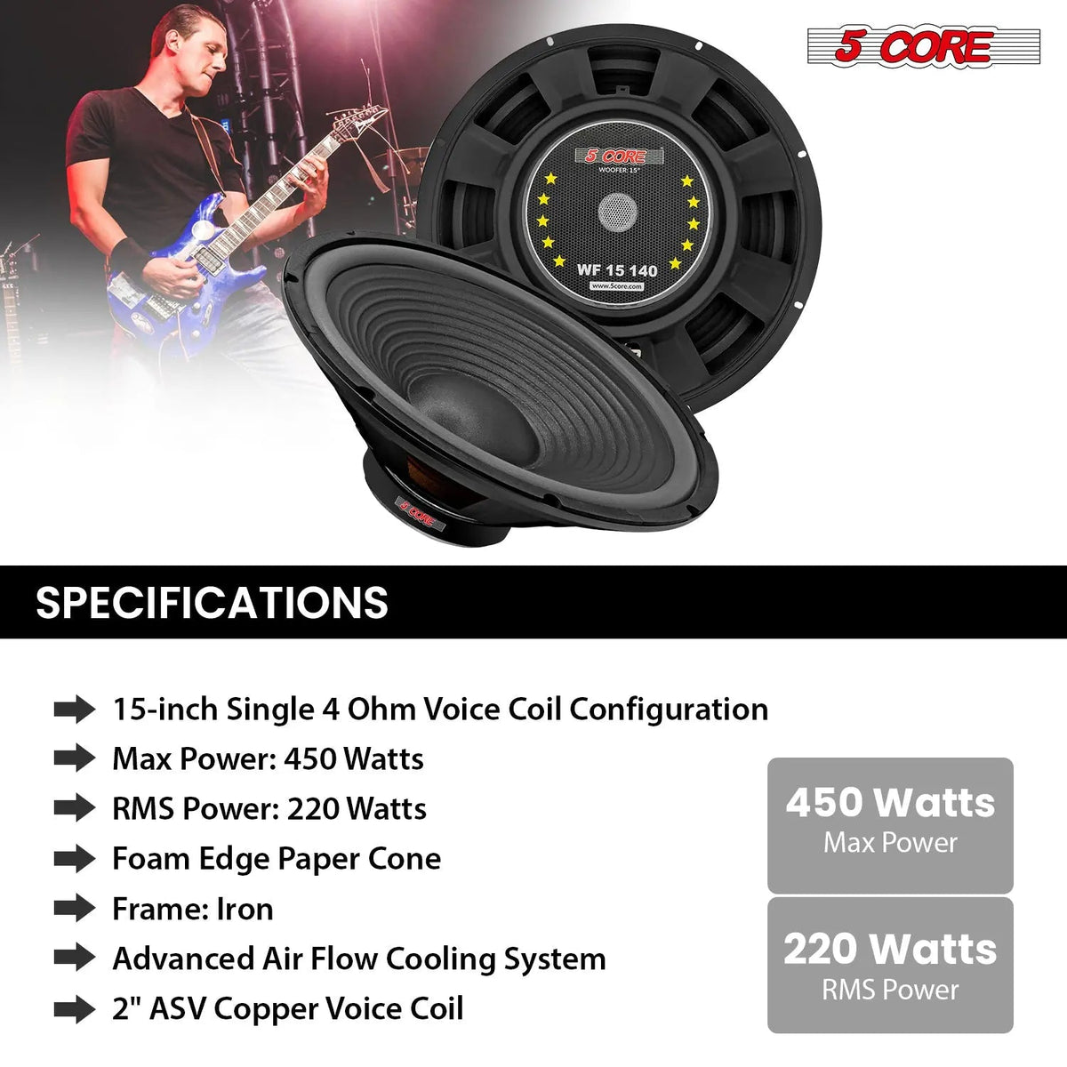 5 Core 15 Inch Guitar Speaker Replacement 450W 4 Ohm Low Distortion for Electric Guitar Amp Cabinet - HONORABLE VETERANS SOLUTIONS
