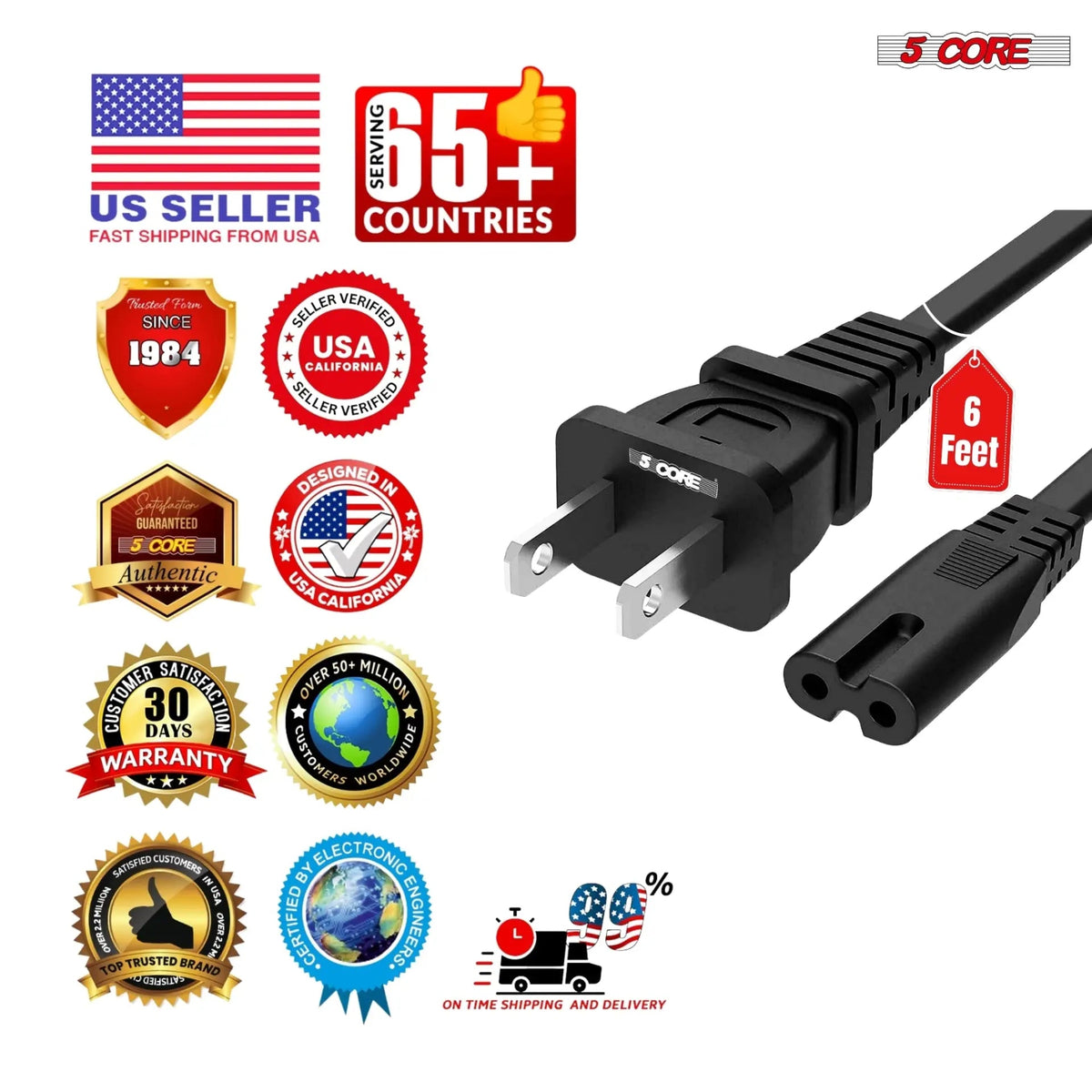 5 Core 2 Prong AC Power Cord 6Ft Replacement TV PlayStation PS4 PS5 Cable for Speaker Monitor Xbox - HONORABLE VETERANS SOLUTIONS