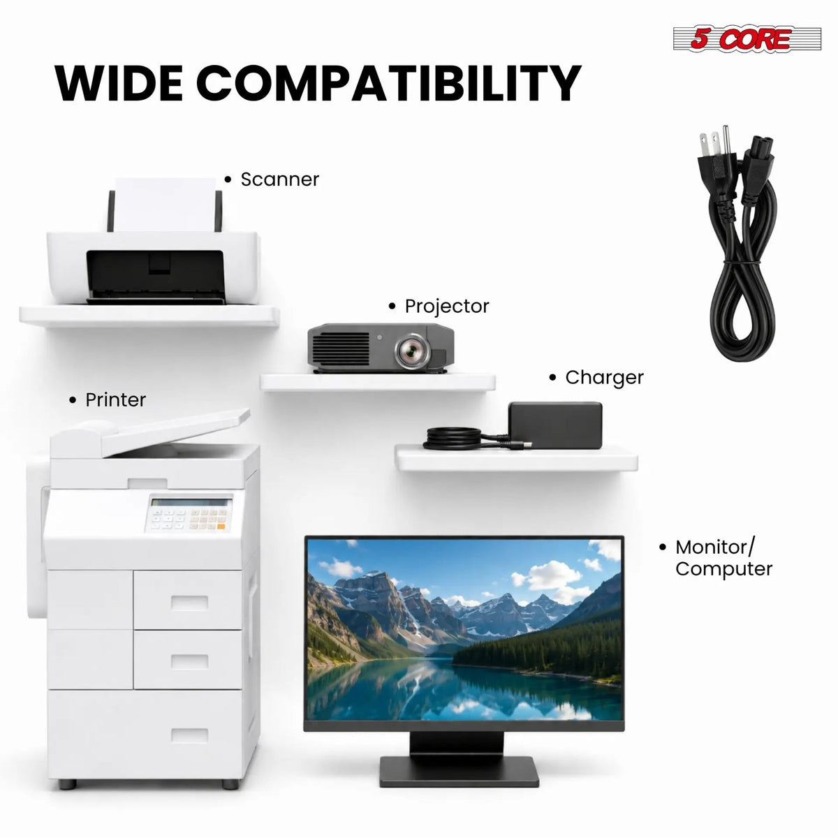 5 Core 3 Prong AC Laptop Notebook Power Cord 10Ft Universal Replacement Computer Cable - HONORABLE VETERANS SOLUTIONS