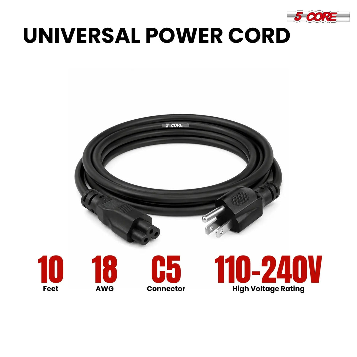 5 Core 3 Prong AC Laptop Notebook Power Cord 10Ft Universal Replacement Computer Cable - HONORABLE VETERANS SOLUTIONS