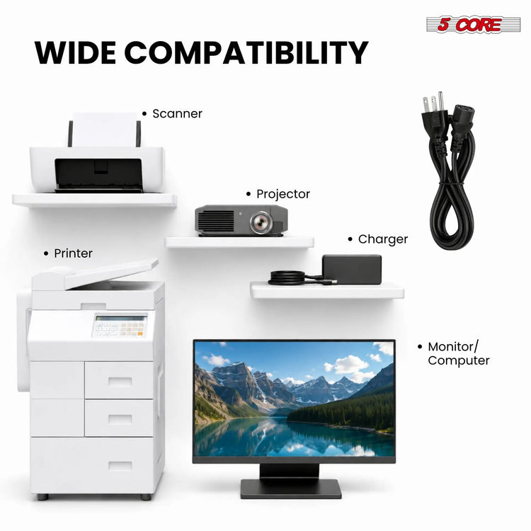 5 Core 3 Prong AC Laptop Notebook Power Cord 10Ft Universal Replacement Computer Cable - HONORABLE VETERANS SOLUTIONS