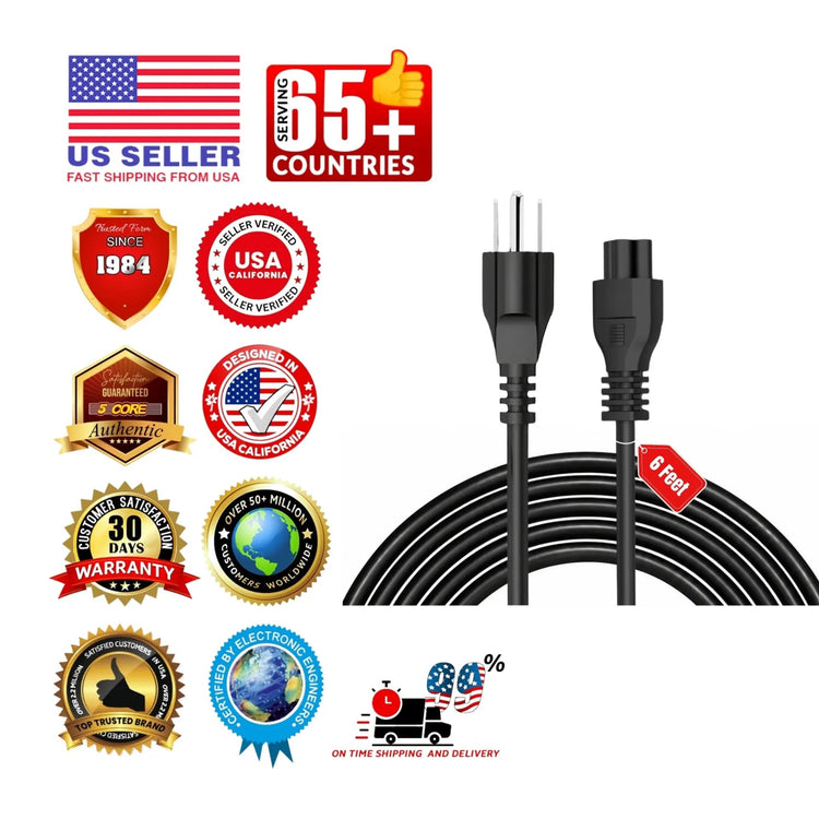5 Core 3 Prong AC Laptop Notebook Power Cord 6Ft Universal Replacement Computer Cable - HONORABLE VETERANS SOLUTIONS