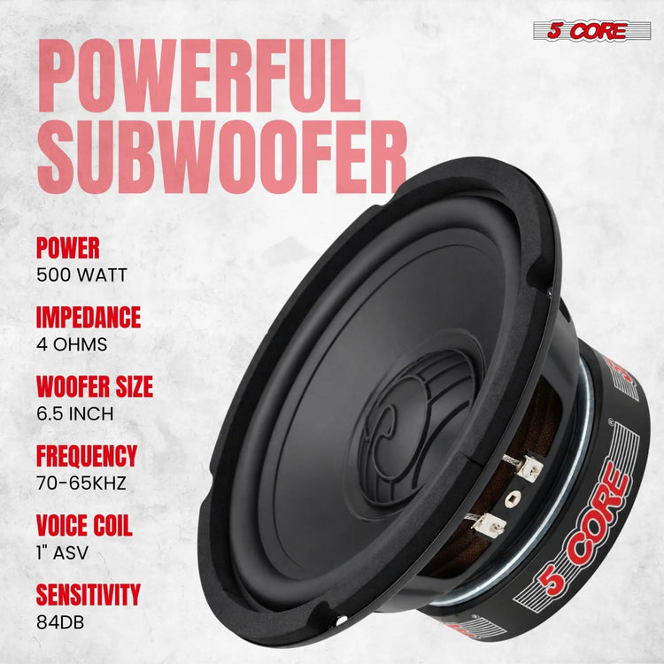 5 Core 6.5 Inch Subwoofer 500W Car Audio Woofer 4 Ohm Replacement Deep Bass Loud Speaker - HONORABLE VETERANS SOLUTIONS