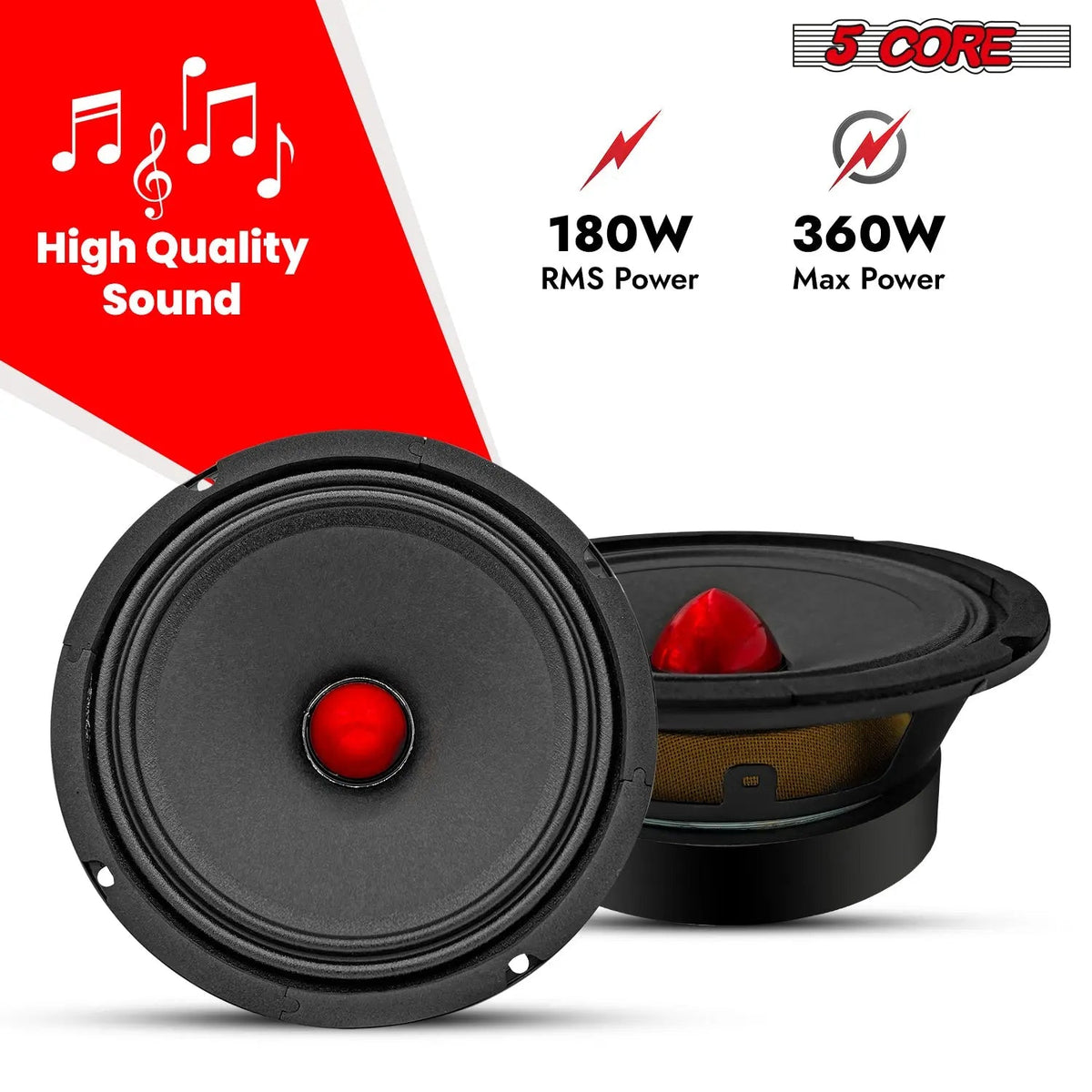 5 Core 6.5" Subwoofer Speaker 360W Mid Range Car Audio Sub Woofer 4Ohm Deep Bass Replacement Driver - HONORABLE VETERANS SOLUTIONS