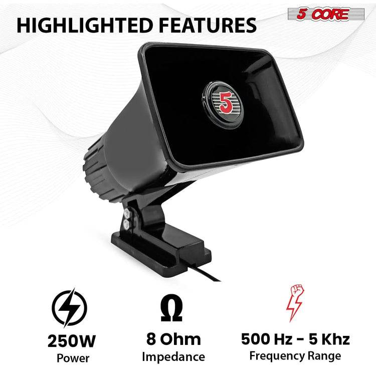 5 Core 8 Inch PA Horn 250W Loud Speaker Bull Horn Loud Audio 8Ohm All Weather Indoor Outdoor Use - HONORABLE VETERANS SOLUTIONS