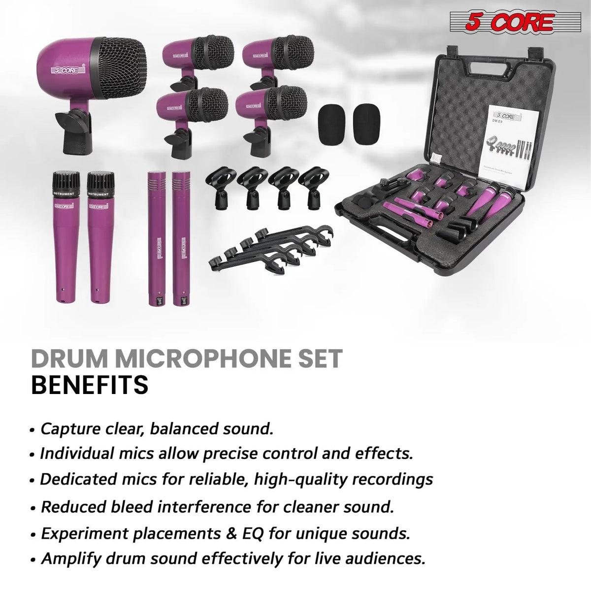 5 Core 9 Piece Drum Microphone Set w Kick Bass, Tom/Snare and Condenser Hi Hat & Cymbals Mics - HONORABLE VETERANS SOLUTIONS
