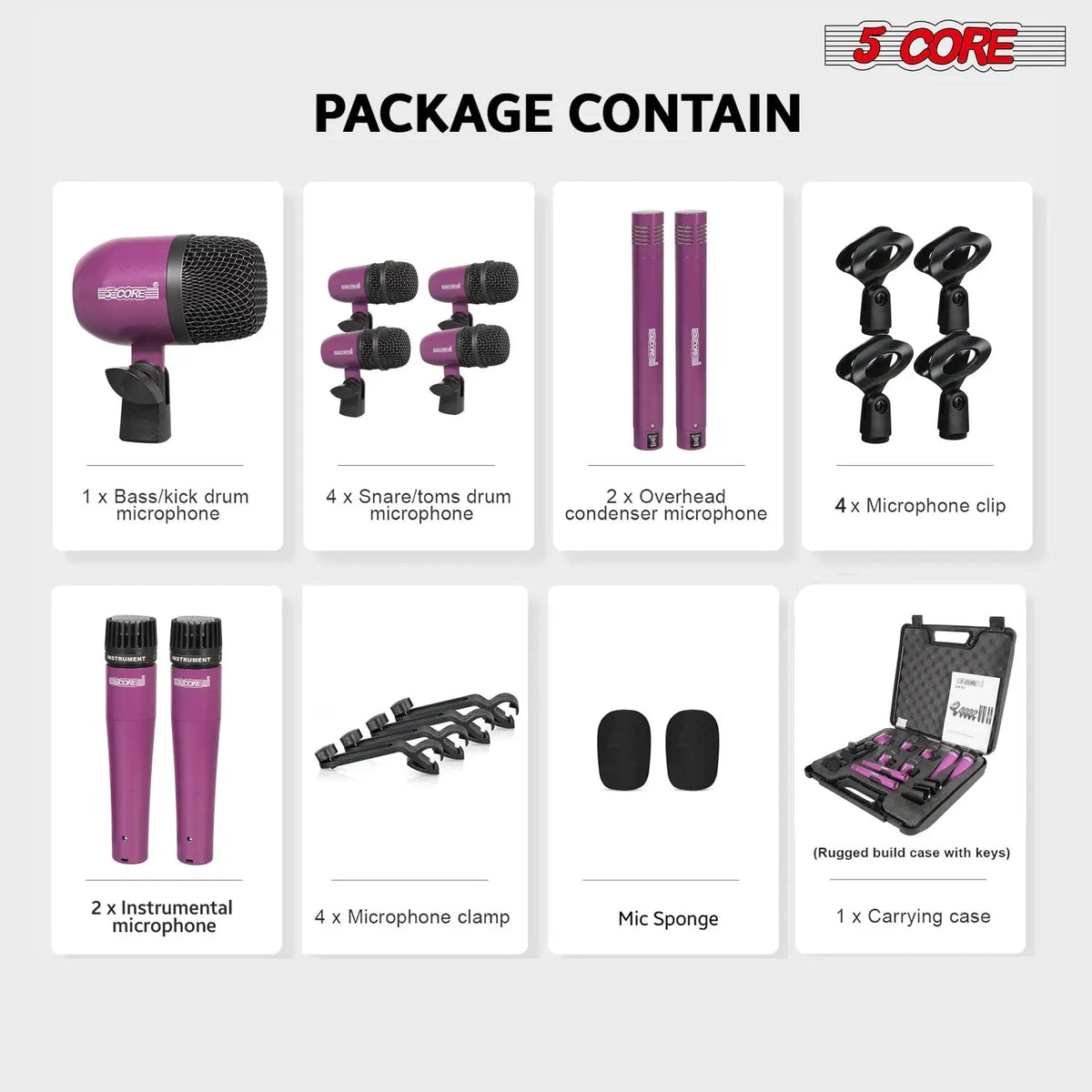 5 Core 9 Piece Drum Microphone Set w Kick Bass, Tom/Snare and Condenser Hi Hat & Cymbals Mics - HONORABLE VETERANS SOLUTIONS