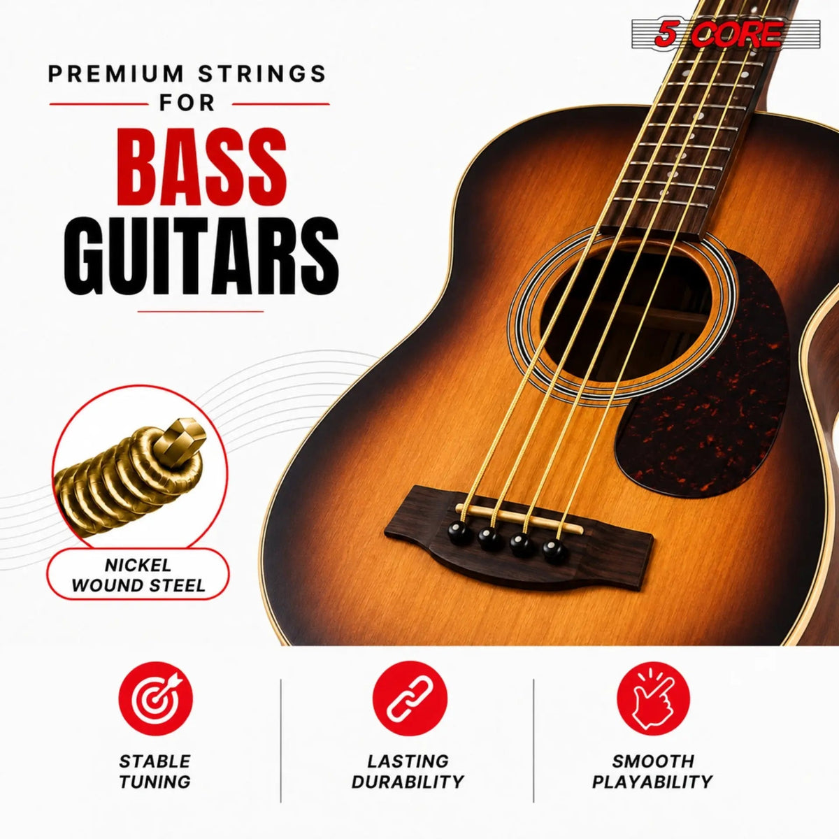 5 Core Acoustic Guitar 6 String Set Medium Gauge Steel Carbon Core Bright Powerful Tone Heavy Duty - HONORABLE VETERANS SOLUTIONS