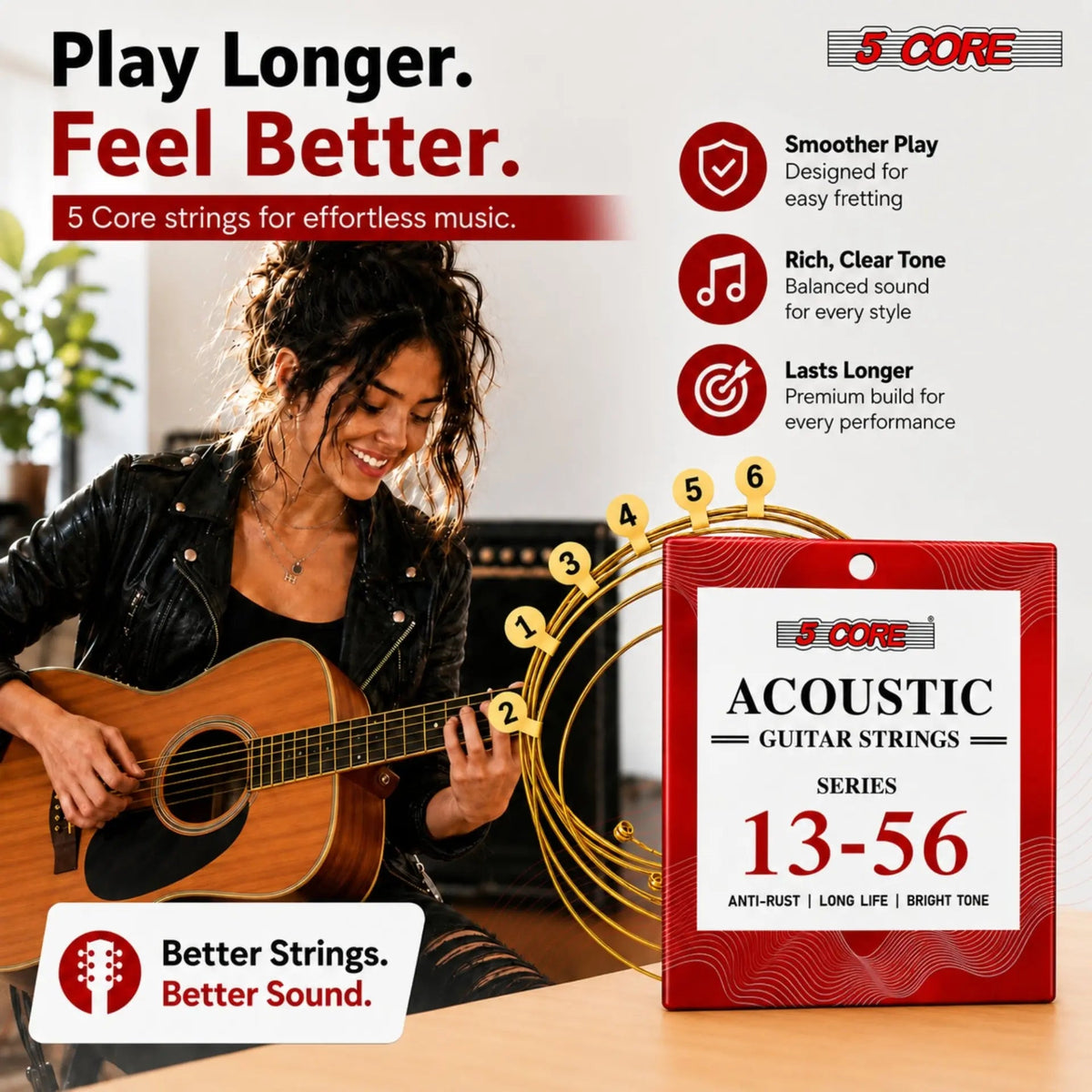 5 Core Acoustic Guitar 6 String Set Medium Gauge Steel Carbon Core Bright Powerful Tone Heavy Duty - HONORABLE VETERANS SOLUTIONS