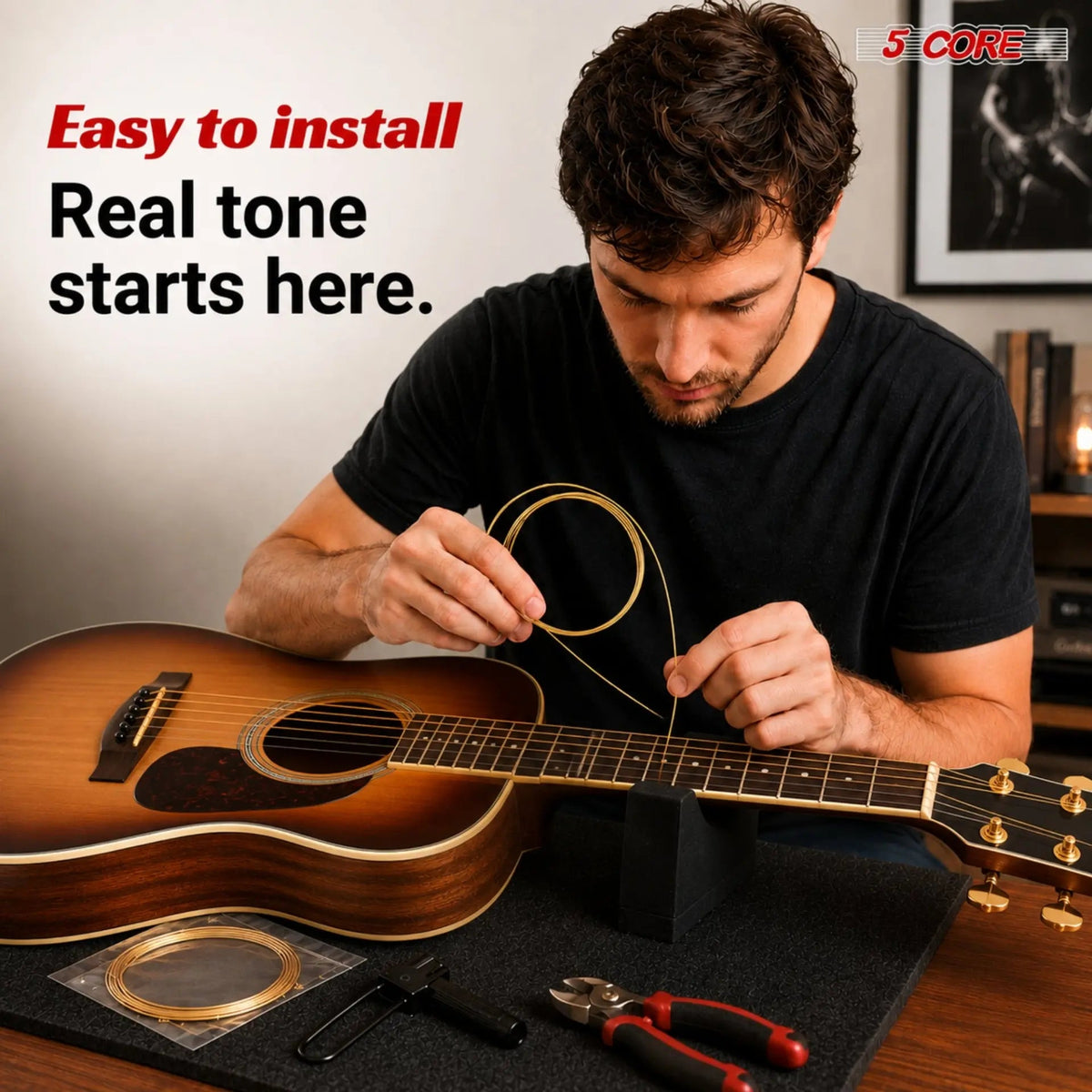 5 Core Acoustic Guitar 6 String Set Medium Gauge Steel Carbon Core Bright Powerful Tone Heavy Duty - HONORABLE VETERANS SOLUTIONS