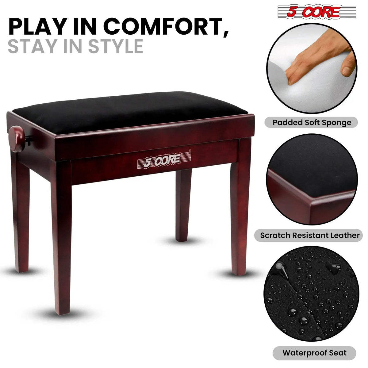 5 Core Adjustable Piano Bench Thick 3.25" Solid Wood Keyboard Stool Heavy Duty Musician Chair - HONORABLE VETERANS SOLUTIONS