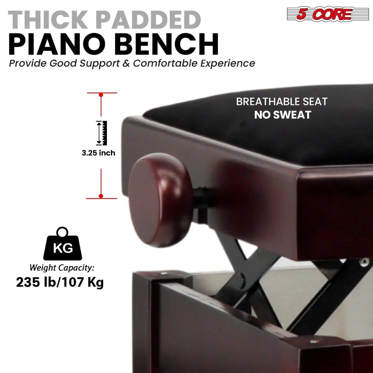 5 Core Adjustable Piano Bench Thick 3.25" Solid Wood Keyboard Stool Heavy Duty Musician Chair - HONORABLE VETERANS SOLUTIONS