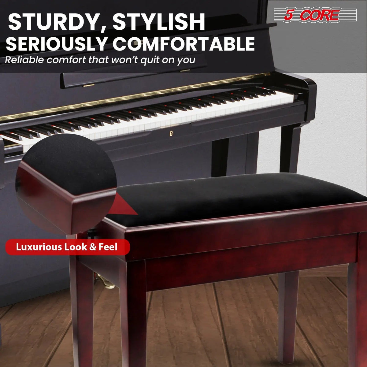 5 Core Adjustable Piano Bench Thick 3.25" Solid Wood Keyboard Stool Heavy Duty Musician Chair - HONORABLE VETERANS SOLUTIONS