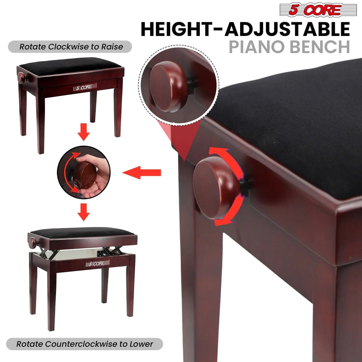 5 Core Adjustable Piano Bench Thick 3.25" Solid Wood Keyboard Stool Heavy Duty Musician Chair - HONORABLE VETERANS SOLUTIONS
