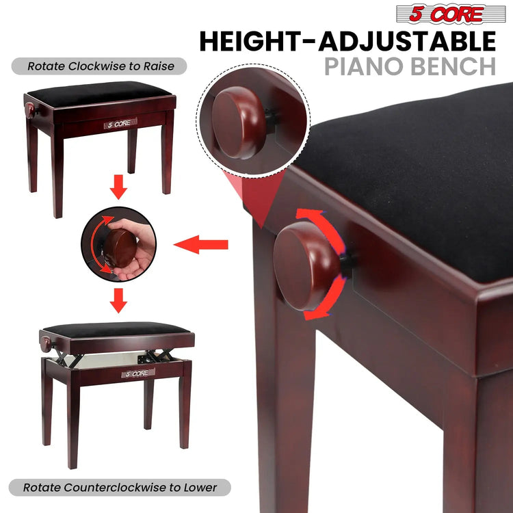 5 Core Adjustable Piano Bench Thick 3.25" Solid Wood Keyboard Stool Heavy Duty Musician Chair - HONORABLE VETERANS SOLUTIONS