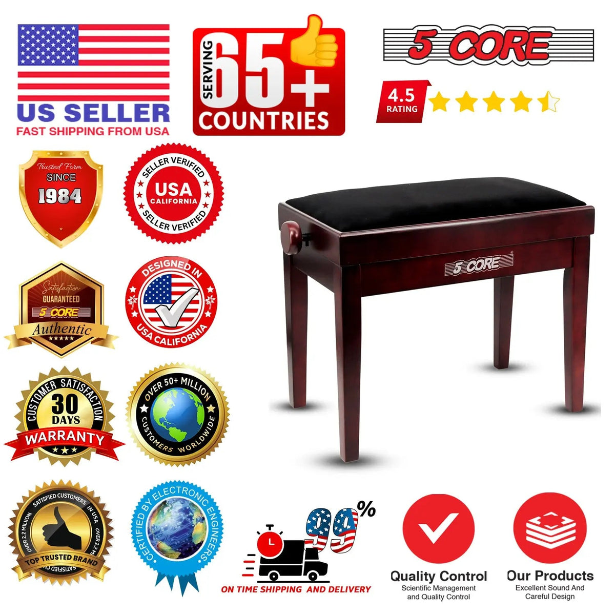 5 Core Adjustable Piano Bench Thick 3.25" Solid Wood Keyboard Stool Heavy Duty Musician Chair - HONORABLE VETERANS SOLUTIONS