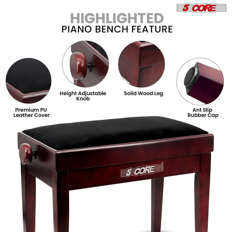 5 Core Adjustable Piano Bench Thick 3.25" Solid Wood Keyboard Stool Heavy Duty Musician Chair - HONORABLE VETERANS SOLUTIONS