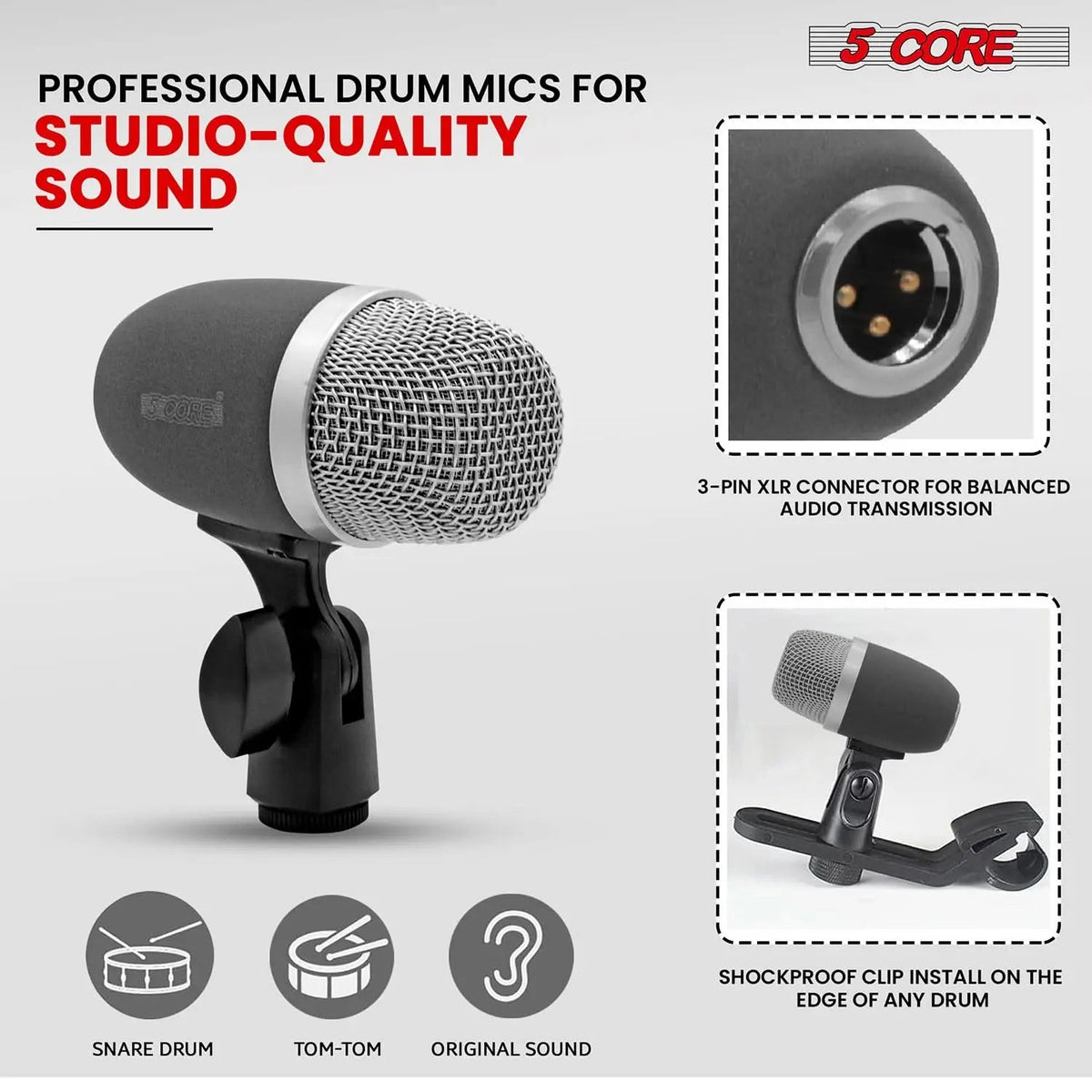 5 Core Conga Mic Snare Tom Microphone Drum Kit Condenser XLR Instrument Mics - HONORABLE VETERANS SOLUTIONS