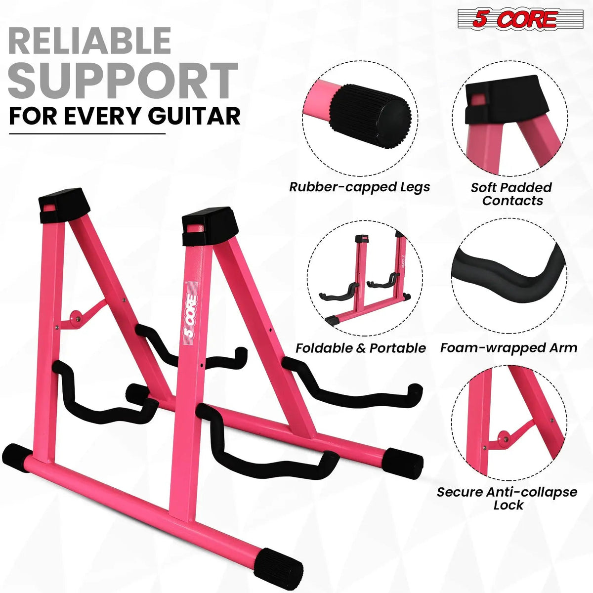 5 Core Double Guitar Stand A Frame Shape w Foam Arms Supports Acoustic Electric Bass Ukulele Banjo - HONORABLE VETERANS SOLUTIONS