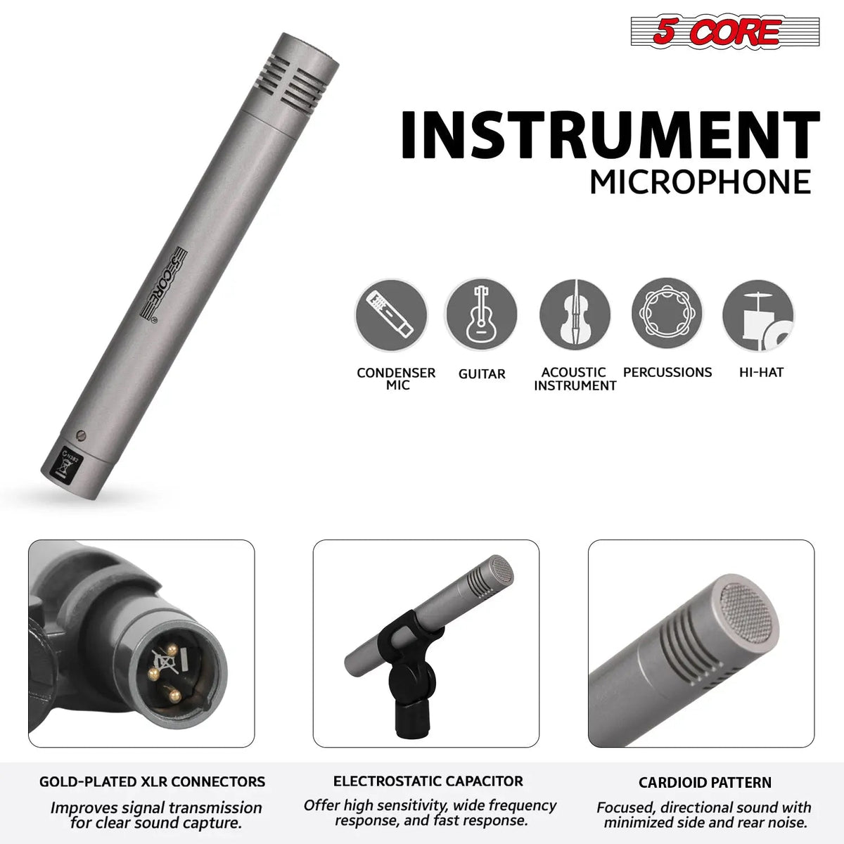 5 Core Drum Microphone Kit 7 Piece All Metal Drummer Instrument Mics Tom/Snare & Cymbals Set - HONORABLE VETERANS SOLUTIONS