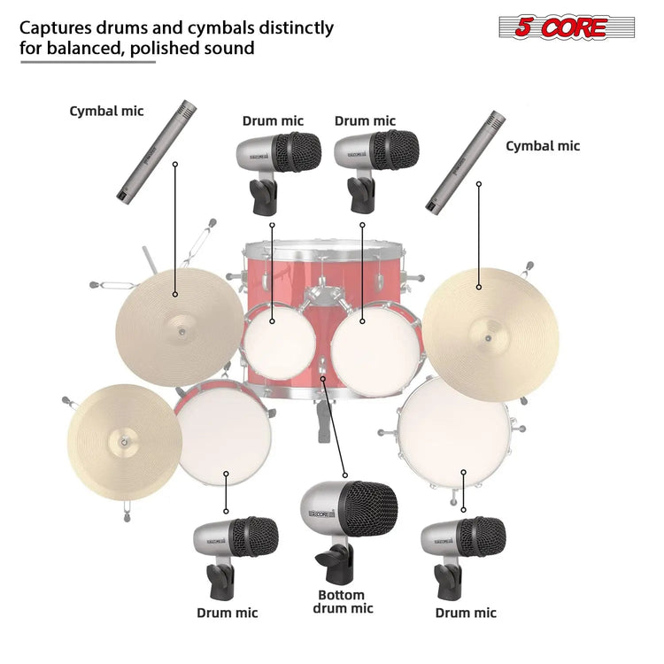 5 Core Drum Microphone Kit 7 Piece All Metal Drummer Instrument Mics Tom/Snare & Cymbals Set - HONORABLE VETERANS SOLUTIONS