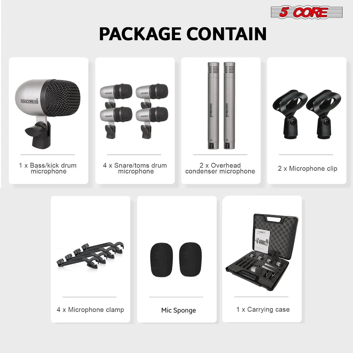 5 Core Drum Microphone Kit 7 Piece All Metal Drummer Instrument Mics Tom/Snare & Cymbals Set - HONORABLE VETERANS SOLUTIONS