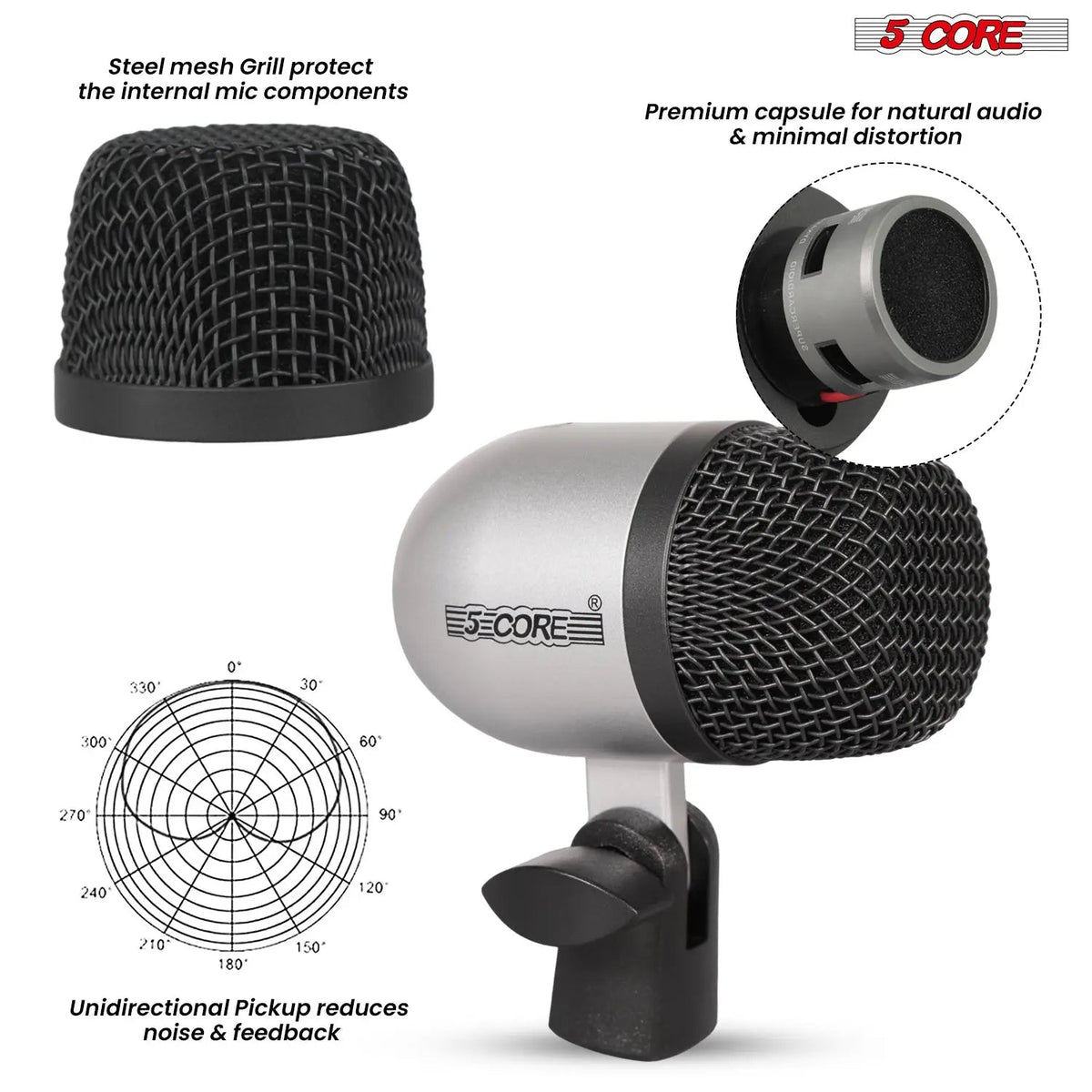 5 Core Drum Microphone Kit 7 Piece All Metal Drummer Instrument Mics Tom/Snare & Cymbals Set - HONORABLE VETERANS SOLUTIONS