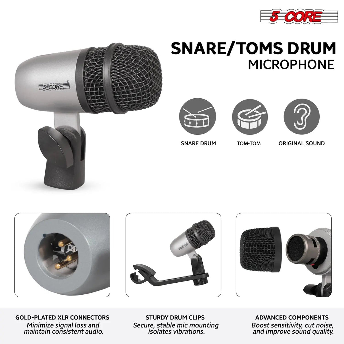 5 Core Drum Microphone Kit 7 Piece All Metal Drummer Instrument Mics Tom/Snare & Cymbals Set - HONORABLE VETERANS SOLUTIONS