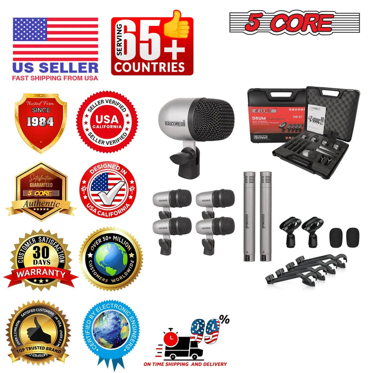 5 Core Drum Microphone Kit 7 Piece All Metal Drummer Instrument Mics Tom/Snare & Cymbals Set - HONORABLE VETERANS SOLUTIONS