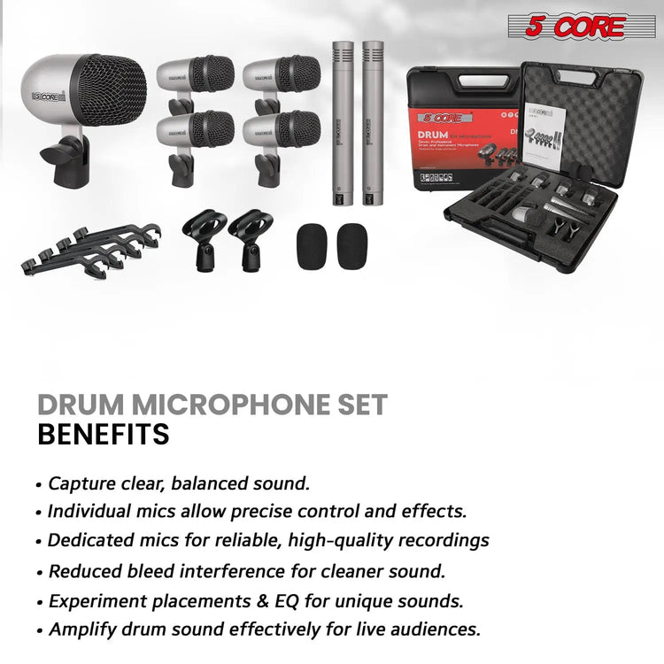 5 Core Drum Microphone Kit 7 Piece All Metal Drummer Instrument Mics Tom/Snare & Cymbals Set - HONORABLE VETERANS SOLUTIONS