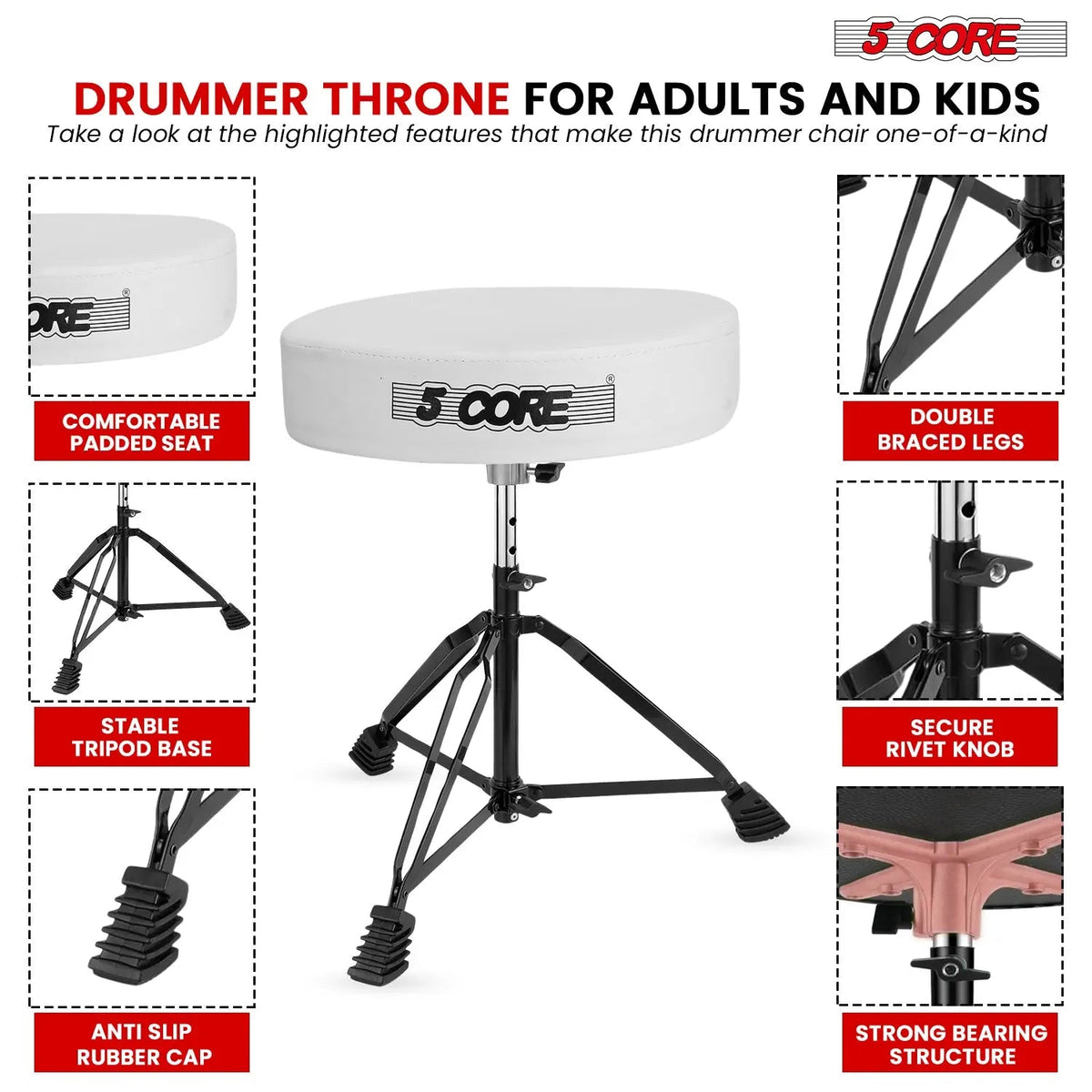 5 Core Drum Throne 3" Padded Drum Seat Height Adjustable Drumming Chair for Practice and Performance - HONORABLE VETERANS SOLUTIONS