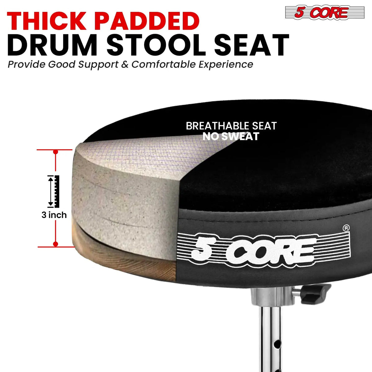 5 Core Drum Throne 3" Padded Drum Seat Height Adjustable Drumming Chair for Practice and Performance - HONORABLE VETERANS SOLUTIONS