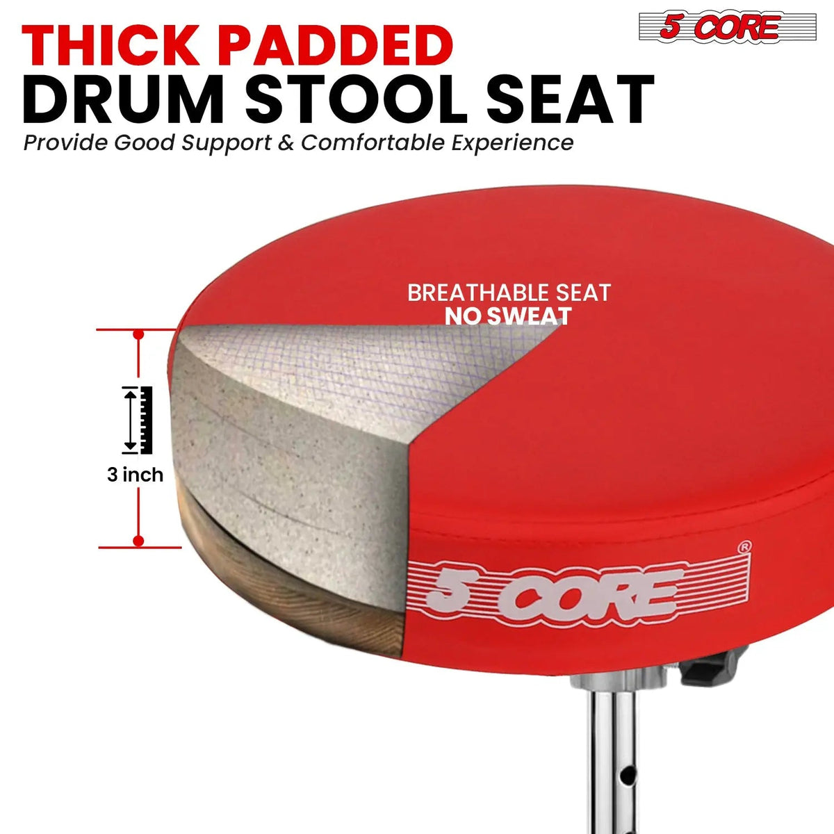 5 Core Drum Throne 3" Padded Drum Seat Height Adjustable Drumming Chair for Practice and Performance - HONORABLE VETERANS SOLUTIONS