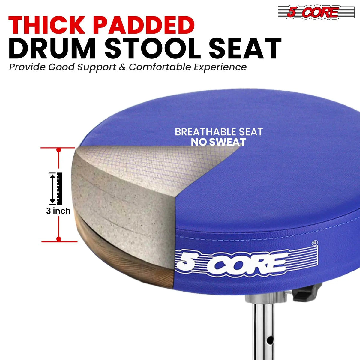 5 Core Drum Throne 3" Padded Drum Seat Height Adjustable Drumming Chair for Practice and Performance - HONORABLE VETERANS SOLUTIONS