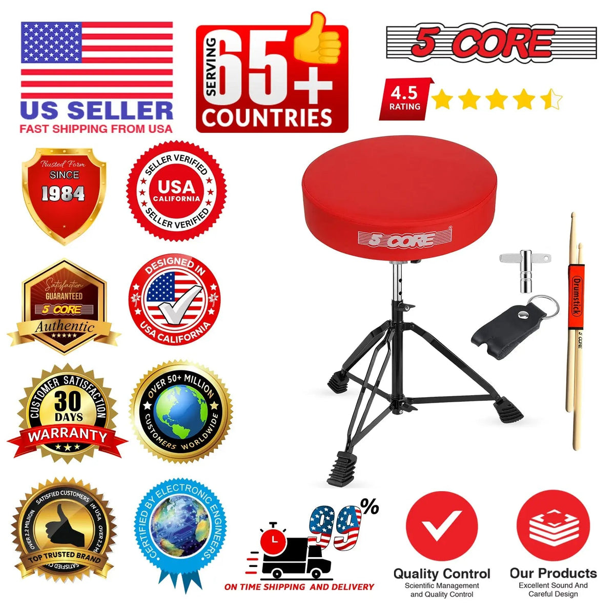 5 Core Drum Throne 3" Padded Drum Seat Height Adjustable Drumming Chair for Practice and Performance - HONORABLE VETERANS SOLUTIONS