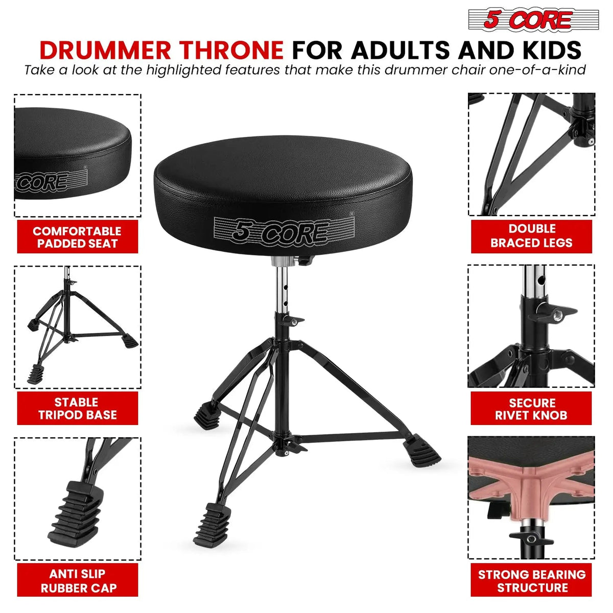 5 Core Drum Throne 3" Padded Drum Seat Height Adjustable Drumming Chair for Practice and Performance - HONORABLE VETERANS SOLUTIONS