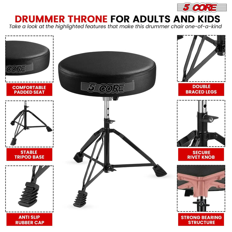 5 Core Drum Throne 3" Padded Drum Seat Height Adjustable Drumming Chair for Practice and Performance - HONORABLE VETERANS SOLUTIONS