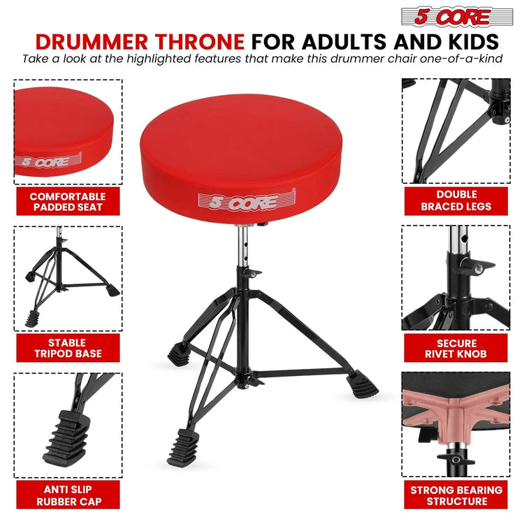5 Core Drum Throne 3" Padded Drum Seat Height Adjustable Drumming Chair for Practice and Performance - HONORABLE VETERANS SOLUTIONS