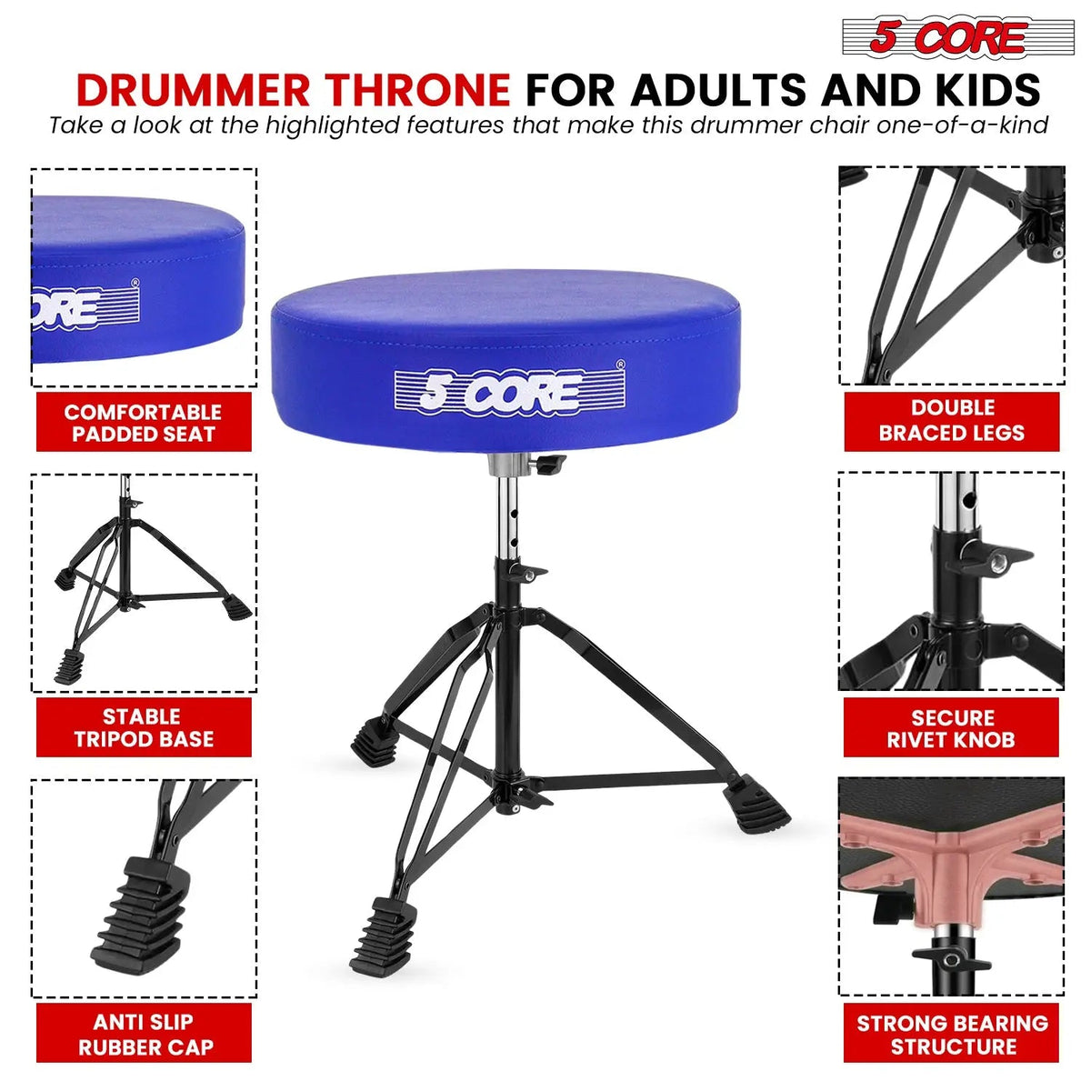5 Core Drum Throne 3" Padded Drum Seat Height Adjustable Drumming Chair for Practice and Performance - HONORABLE VETERANS SOLUTIONS