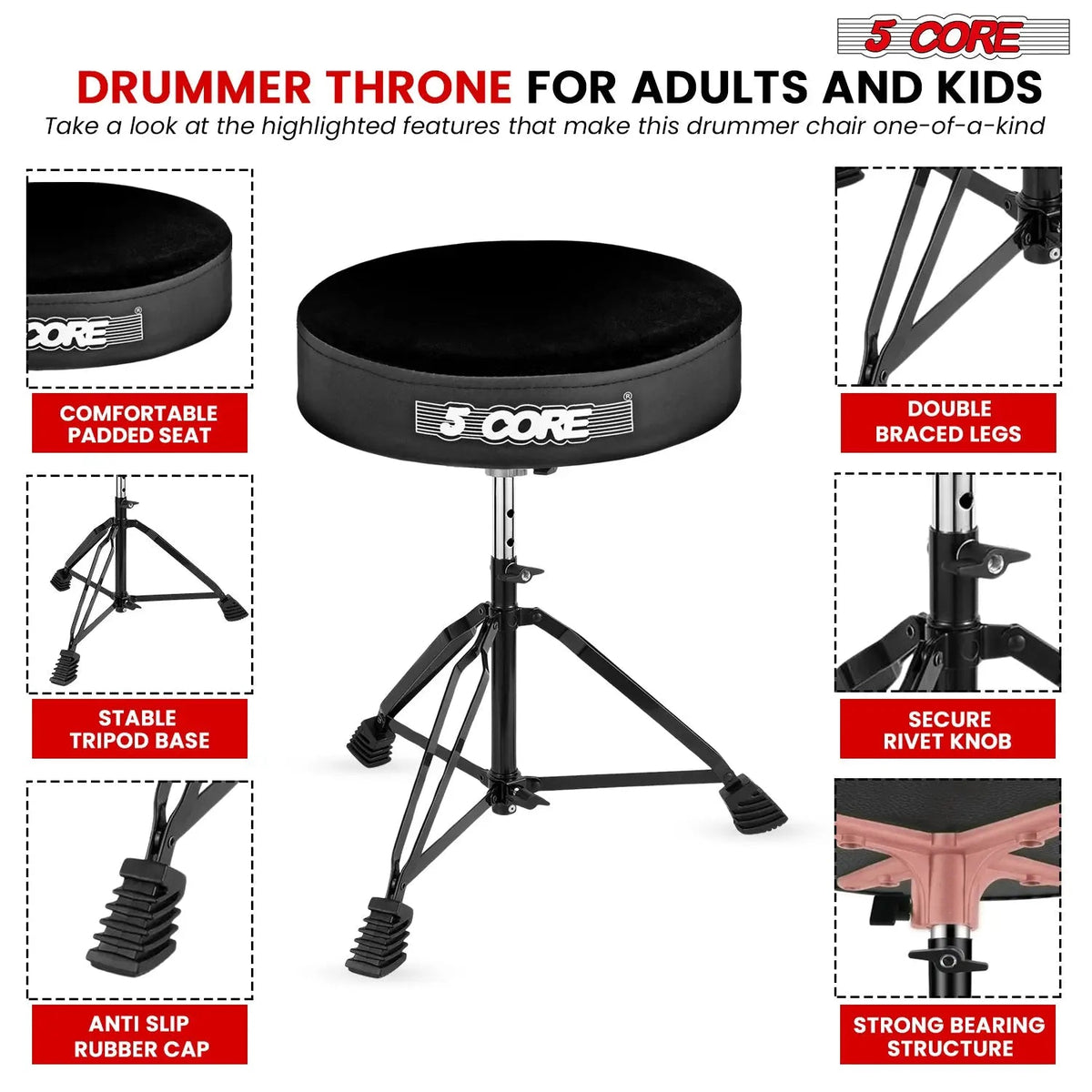 5 Core Drum Throne 3" Padded Drum Seat Height Adjustable Drumming Chair for Practice and Performance - HONORABLE VETERANS SOLUTIONS