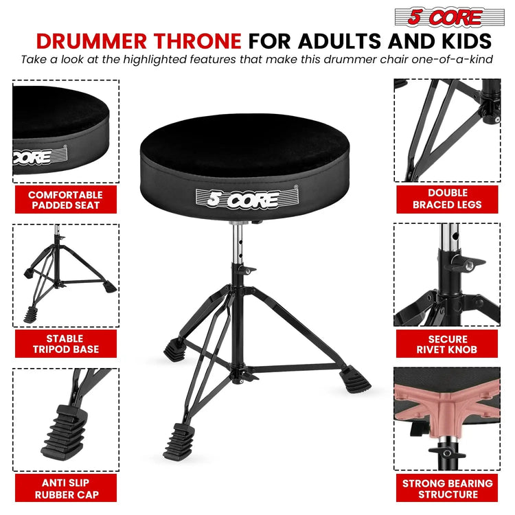 5 Core Drum Throne 3" Padded Drum Seat Height Adjustable Drumming Chair for Practice and Performance - HONORABLE VETERANS SOLUTIONS