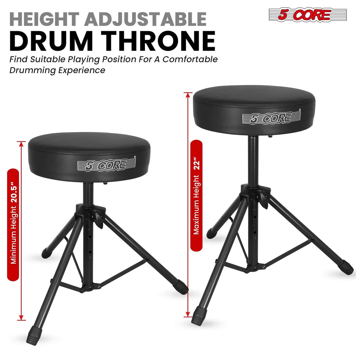 5 Core Drum Throne 3" Padded Seat Adjustable Drumming Chair for Practice and Performance - HONORABLE VETERANS SOLUTIONS