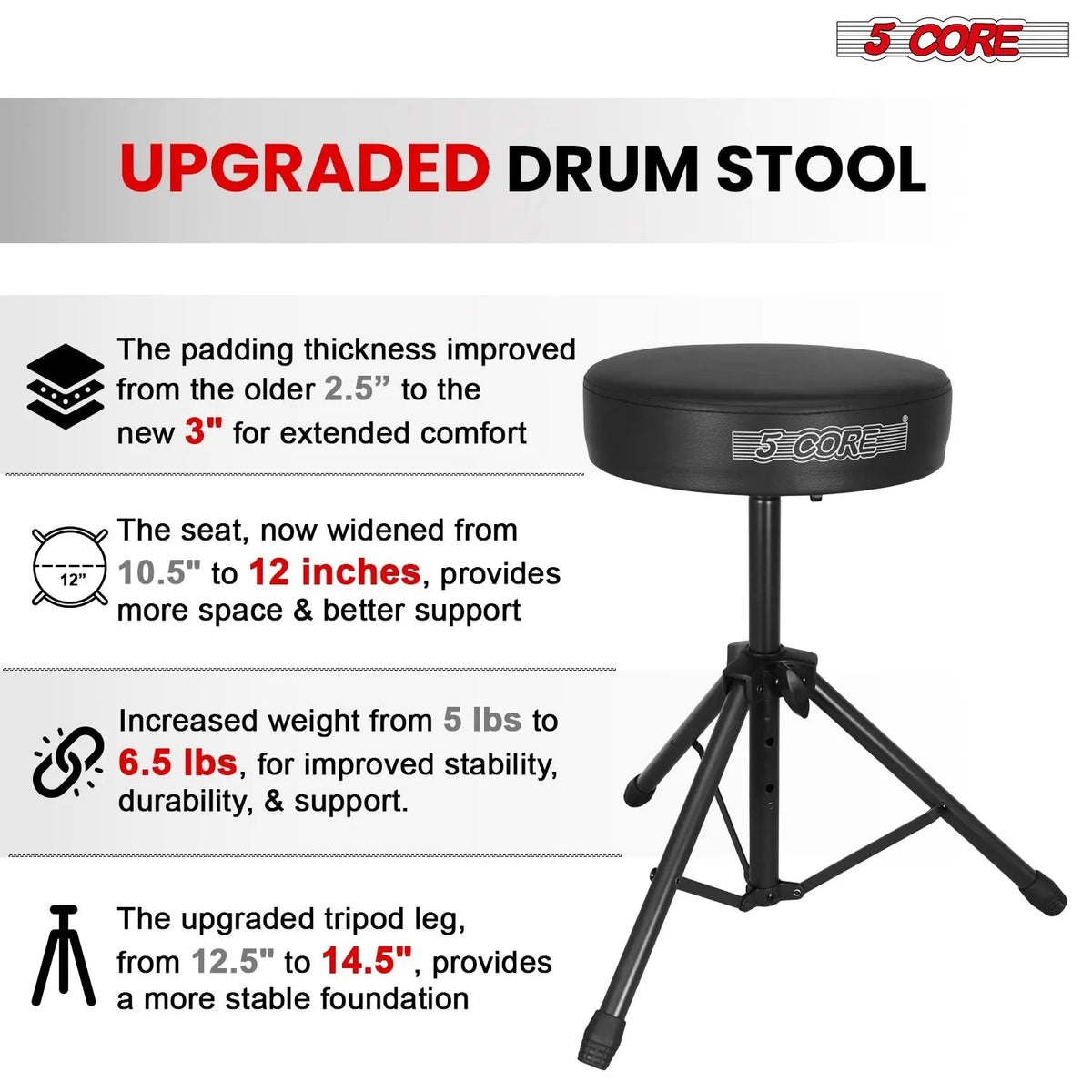 5 Core Drum Throne 3" Padded Seat Adjustable Drumming Chair for Practice and Performance - HONORABLE VETERANS SOLUTIONS